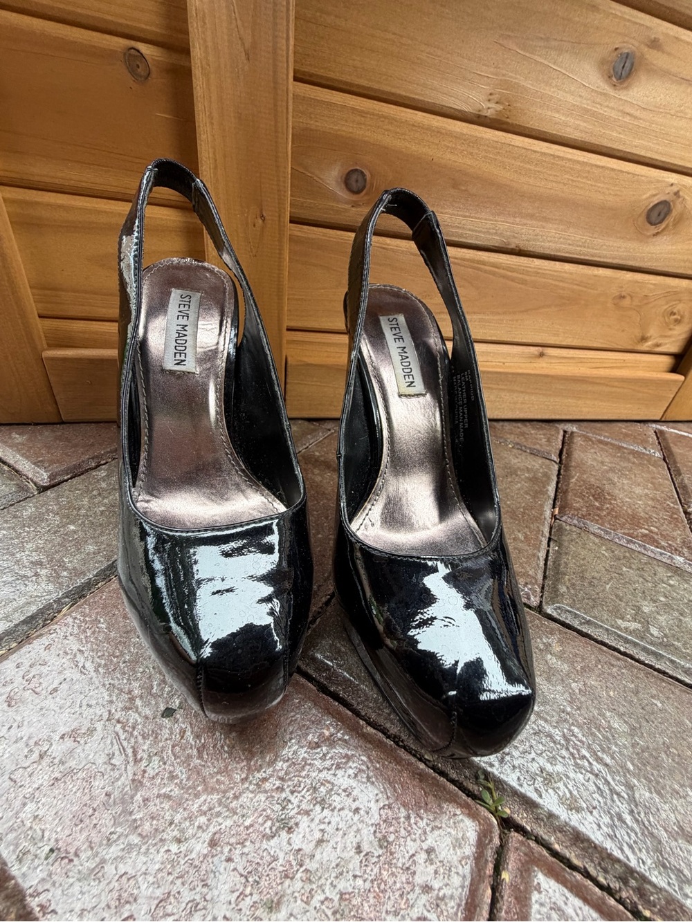 Steve Madden Rappidd Black Patent Platform Slingback Pumps Size 8